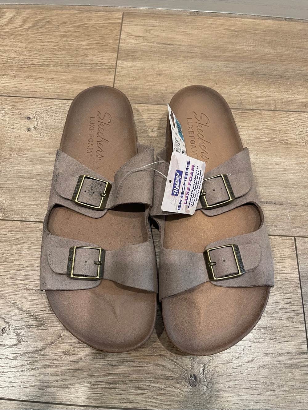 Skechers Taupe Dual Buckle Slide Sandals